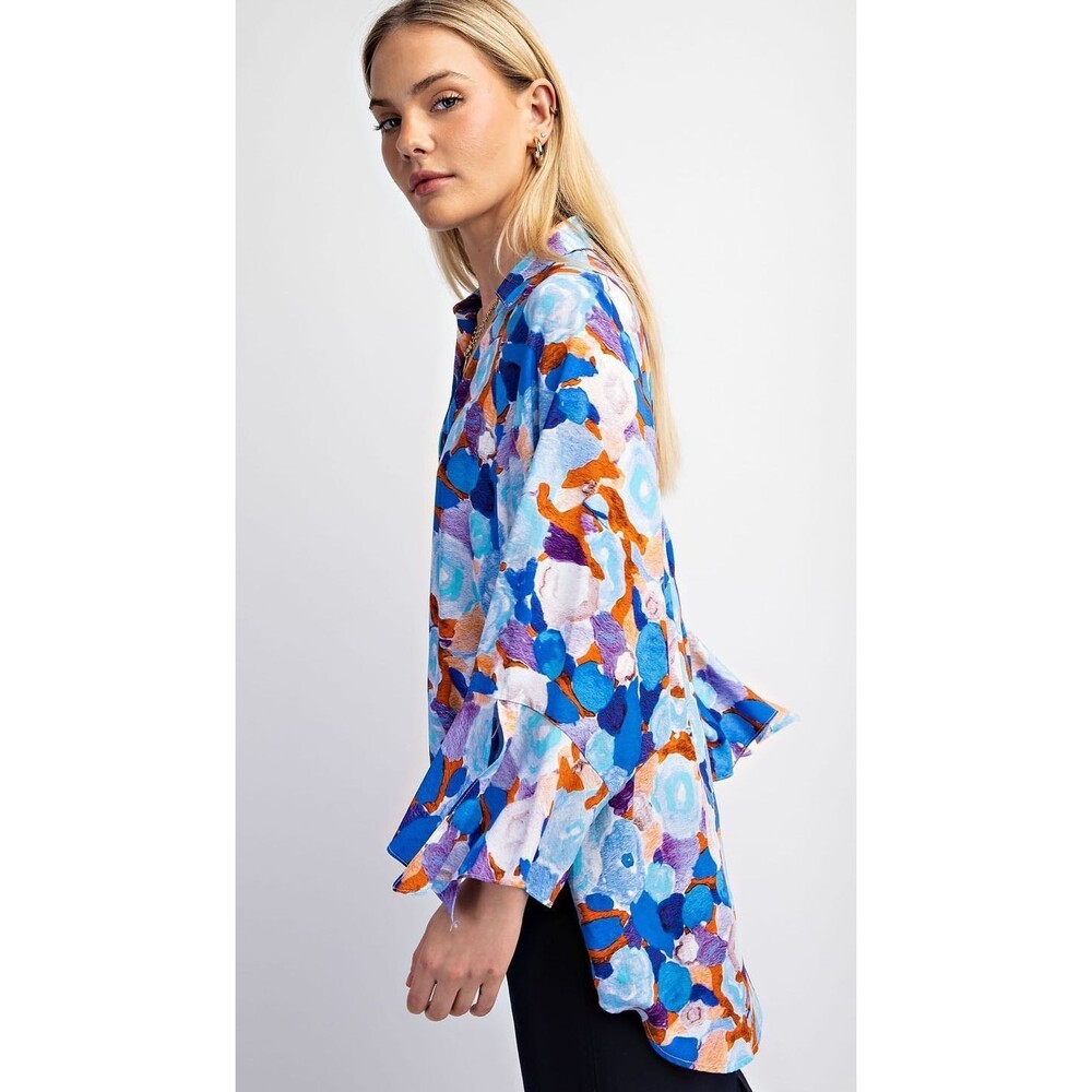 New GIGIO M 8 10 Blue Floral Blooms Hi-Low Hem Button Down Top Open Slit Sleeve